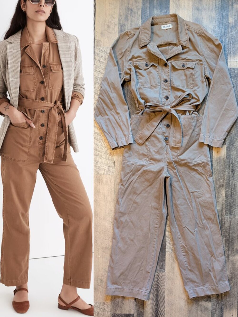 Madewell Long-Sleeve Tie-Waist Fatigue Jumpsuit XL Brown Cotton